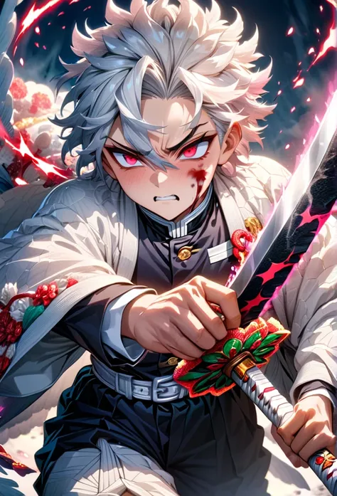 Ultra detailed, highres, absurdres, HDR, master piece, anime men, pretty boy, white hair with one single red streak, expressive red eyes, white haori, black demon slayer uniform, Kimetsu No Yaiba, fantasy, golden details, white flowers, handsome, sexy men ...