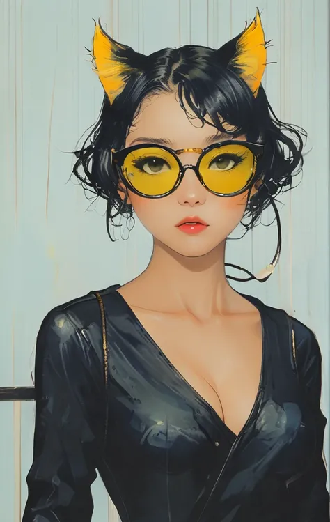 Anime girl wearing sunglasses in her hair, Guweiz style artwork, Digital illustration style, Anime style illustration, Anime style 4k, yellow-eyed, with glowing eyes, Beautiful young catwoman, style of anime. 8K, cat woman, by Qu Leilei, author：Hero, perso...