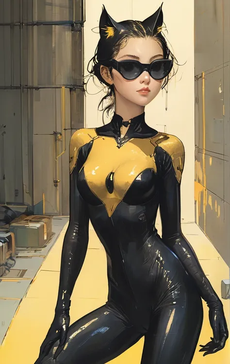 Anime girl wearing sunglasses in her hair, Guweiz style artwork, Digital illustration style, Anime style illustration, Anime style 4k, yellow-eyed, with glowing eyes, Beautiful young catwoman, style of anime. 8K, cat woman, by Qu Leilei, author：Hero, perso...