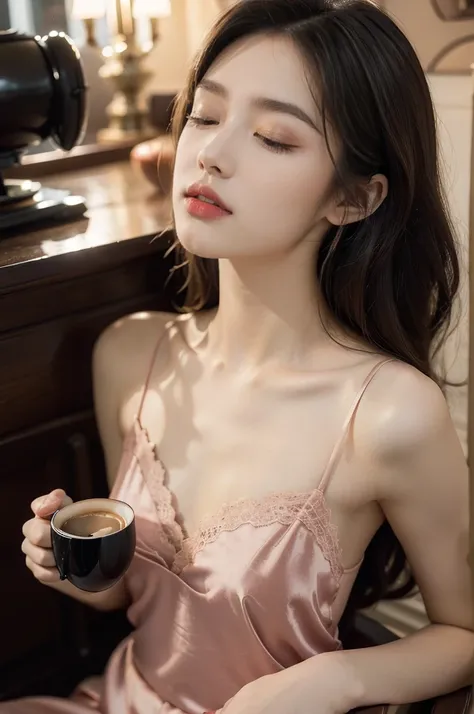 (((best quality))),(((ultra detailed))),(((masterpiece))),illustration,((1 beautiful young girl,solo,)),((slim,thin)),((small breasts,flat chest)),(shoulder length straight bob hair:1.2),(round face:1.2),delicate, sitting on the chair beside the dining tab...