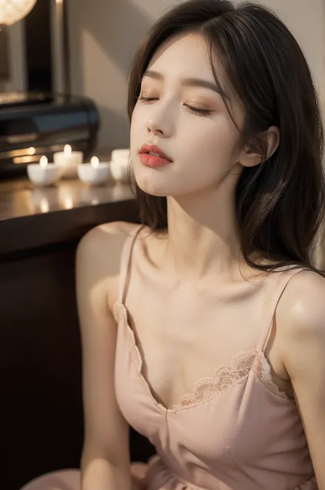 (((best quality))),(((ultra detailed))),(((masterpiece))),illustration,((1 beautiful young girl,solo,)),((slim,thin)),((small breasts,flat chest)),(shoulder length straight bob hair:1.2),(round face:1.2),delicate, sitting on the chair beside the dining tab...