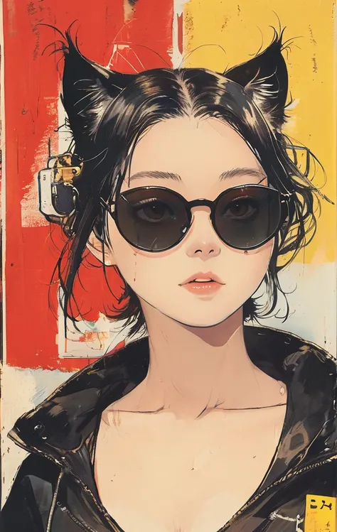 Anime girl wearing sunglasses in her hair, Guweiz style artwork, Digital illustration style, Anime style illustration, Anime style 4k, yellow-eyed, with glowing eyes, Beautiful young catwoman, style of anime. 8K, cat woman, by Qu Leilei, author：Hero, perso...