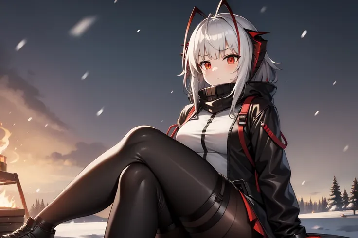 1girl, w_arknights, black clothes red parts, tall, teenager, sitting on steel boxes, snowy plains, campfire, snow