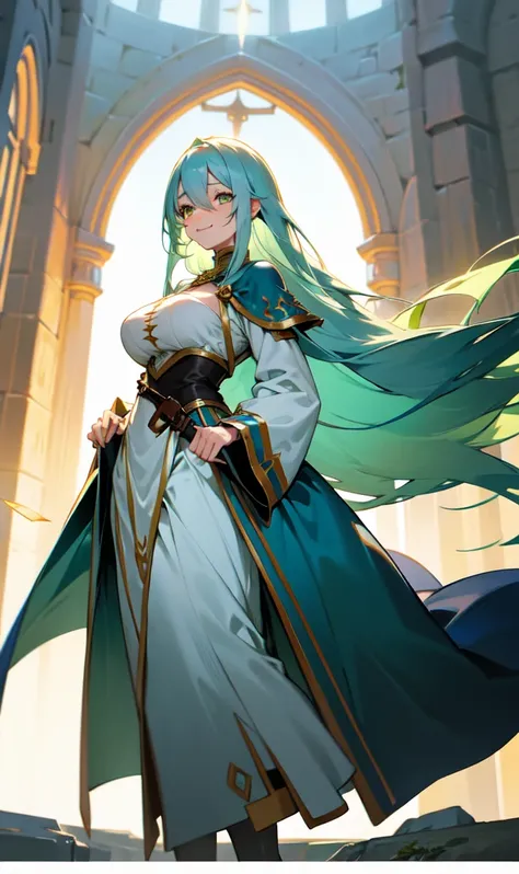 Older woman with big breasts wearing a fantasy world outfit while standing with a slight smile walking with light green eyes and long dark blue hair covering her right eye