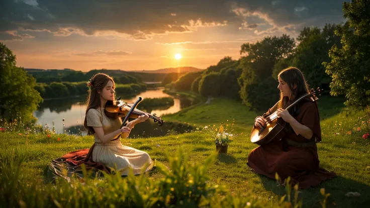 A realistic photo of a Celtic music themed scene with elements of medieval Europe and magic. An elf woman resembling the character from Frieren: Beyond Journeys End is sitting gracefully, playing a fiddle by a river during sunset. The scene is enchanting w...