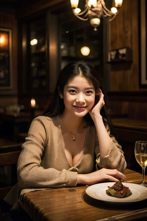 （Highest quality）((masterpiece)), (detailed)、One girl, sexy、A photograph of a woman sitting at a table in a dimly lit restaurant, captured from across the table. She is elegantly dressed, with a warm and inviting smile. The table is set with various items ...