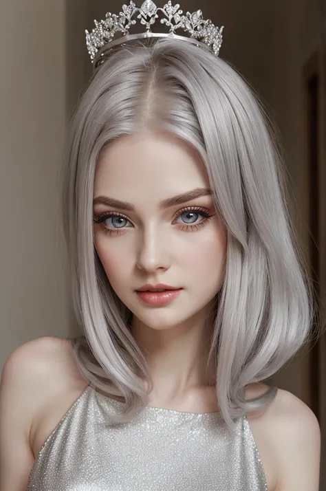 a beautiful woman, pale skin, long shiny silver hair, light gray eyes, glare, long and thick eyelashes, small and profiled nose, reddish full lips, princess gold dress and crown, and medium breasts 