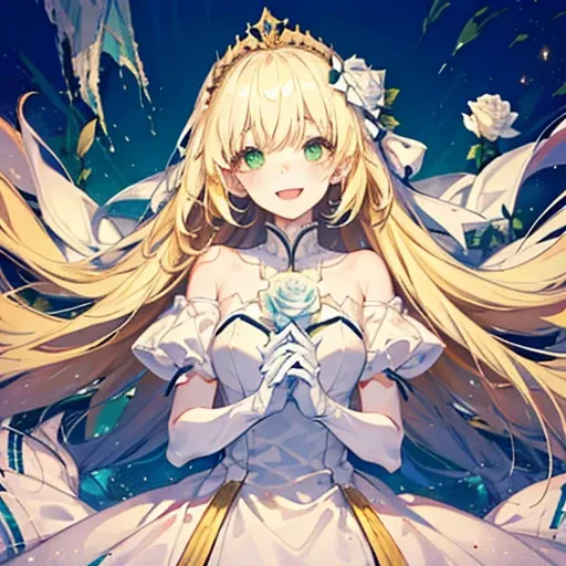 White Rose Princess, White Rose, 1 female, Blonde, Shiny Hair, Long Hair, Green Eyes, Big eyes, Gold Tiara, Long dress, White Ribbon, Shiny Dress, Puff sleeves, short, Fluttering white gloves, Place a glowing White Rose in both hands, smile, kind, sacred, ...