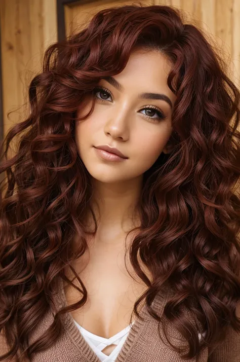 Woman burgundy curly hair, light brown eyes