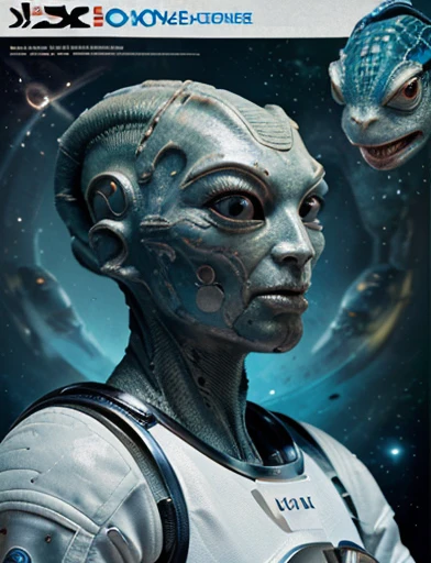 Deluxe edition science fiction magazine cover, ((1 below an alien face of a humanoid has no nose on its face,with lizard-like features and fish-like features, fish mouth, lizard nose, Dragon Eyes)), ((on the right side at the top an astronaut with space su...