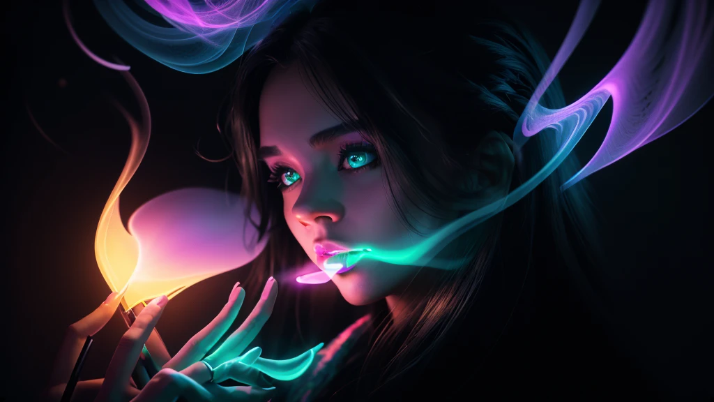 a beautiful woman thats glowing in the dark, walking in wonderland neon colors, high detail, long shot, wide shot, 4K, 3D, REALISTIC, (iridescent glow smoke), UHD, 32K, very bold neon colors, black light, neon light