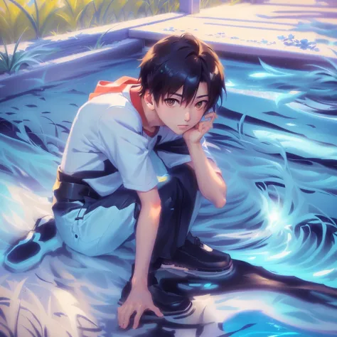 Anime boy sitting on the ground by the pool, Shinkai Makoto art style, Shinkai Makoto cyril rolando, Shinkai Makoto!!, Shinkai Makoto!, Shinkai Makoto style, ( ( Shinkai Makoto ) ), Shinkai Makoto. Digital Rendering, 4k comics wallpaper, style of Shinkai M...