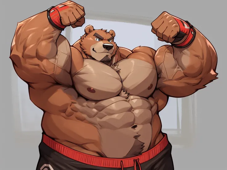 Huge muscular thick Bear bodybuilder shirtless in black gym shorts and wristbands flexing and posing at the mirror looking at his muscles pumped.
