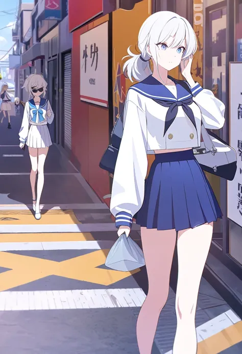 (One tall woman,White Hair,Hairstyle is short ponytail,Blue Eyes,Medium chest,Medium thighs,Cover your right eye with your hair)Sailor suit,Short skirt,Woman walking on the street