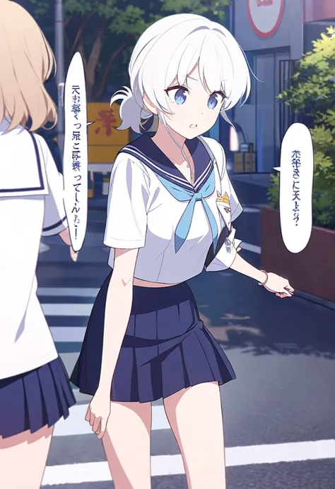 (One tall woman,White Hair,Hairstyle is short ponytail,Blue Eyes,Medium chest,Medium thighs,Cover your right eye with your hair)Sailor suit,Short skirt,Woman walking on the street