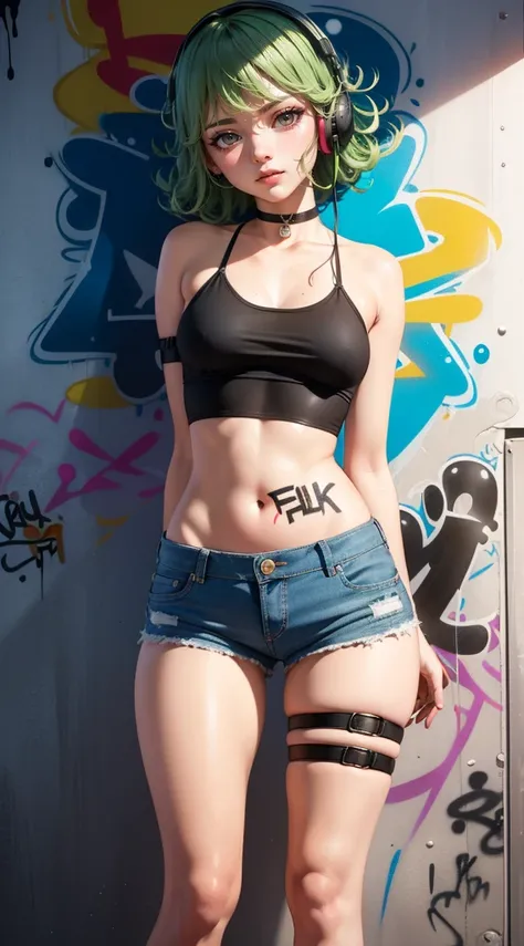 masterpiece, best quality, (extremely detailed CG unity 8k wallpaper, masterpiece, best quality, ultra-detailed, masterpiece, best quality, 1girl, solo, crop top, denim shorts, choker, (graffiti:1.5), paint splatter, arms behind back, against wall, looking...