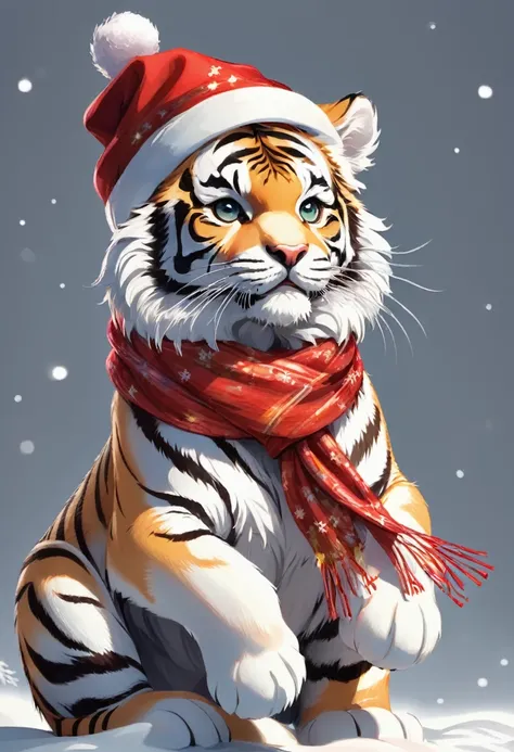 Christmas tiger with scarf and hat，HD，White background，8K，超HD画质，Masterpiece，Natural texture，Elegant and clear lines，