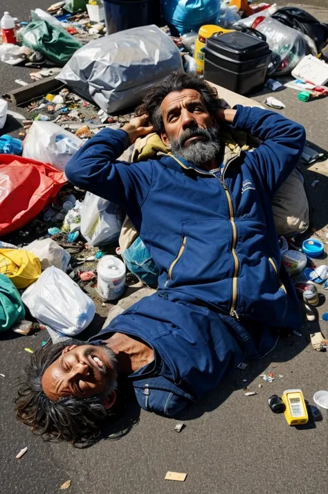 Photo of a homeless man lying on the ground full of garbage taken from the sky