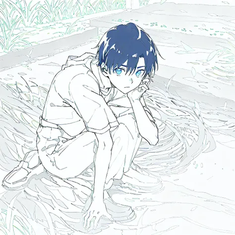 Anime boy sitting on the ground by the pool, Shinkai Makoto art style, Shinkai Makoto cyril rolando, Shinkai Makoto!!, Shinkai Makoto!, Shinkai Makoto style, ( ( Shinkai Makoto ) ), Shinkai Makoto. Digital Rendering, 4k comics wallpaper, style of Shinkai M...