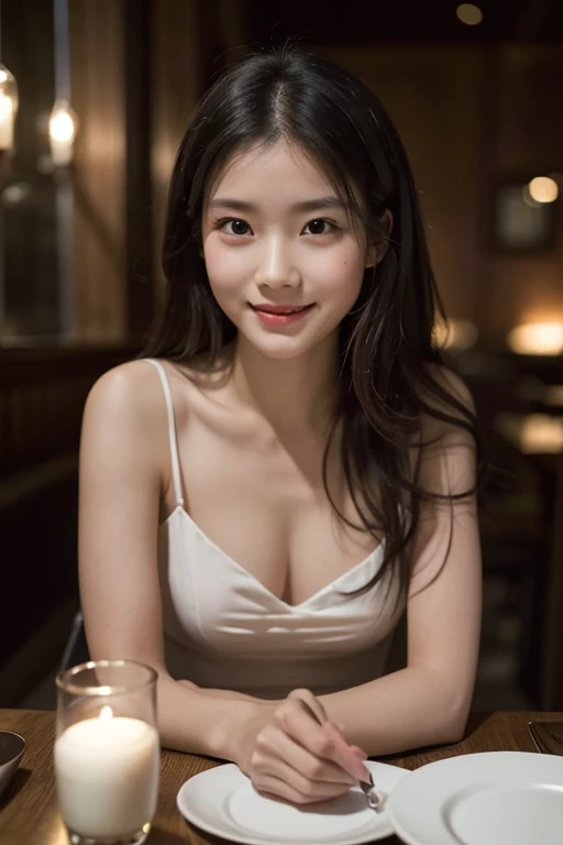  （Highest quality）((masterpiece)), (detailed)、One girl, sexy、A photograph of a woman sitting at a table in a dimly lit restaurant, captured from across the table. She is elegantly dressed, with a warm and inviting smile. The table is set with various items...