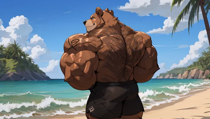 solo, 2boys, beach, size different, extremely huge muscular, massive muscular, grizzly bear, full-body, well-muscled, being shirtless in a black swim trunk shorts and black wristbands in beach. Flexing the whole body. Doing the MOST MUSCULAR POSE. Super st...