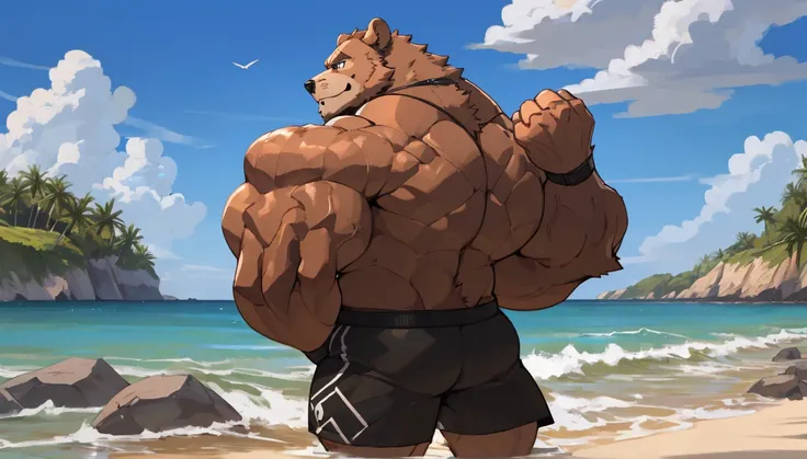 solo, 2boys, beach, size different, extremely huge muscular, massive muscular, grizzly bear, full-body, well-muscled, being shirtless in a black swim trunk shorts and black wristbands in beach. Flexing the whole body. Doing the MOST MUSCULAR POSE. Super st...