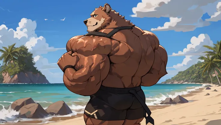 solo, 2boys, beach, size different, extremely huge muscular, massive muscular, grizzly bear, full-body, well-muscled, being shirtless in a black swim trunk shorts and black wristbands in beach. Flexing the whole body. Doing the MOST MUSCULAR POSE. Super st...