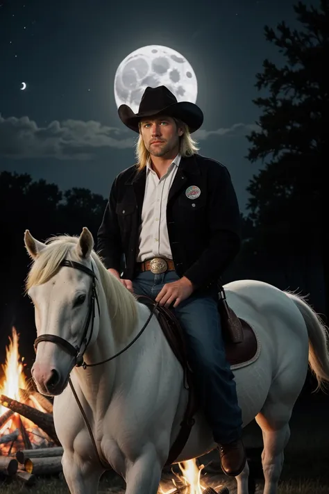 40-year-old American man, 6 feet 6 inches tall, 240 pounds, short blonde hair, green eyes, wearing Stetson and cowboy attire.  In Texas, riding a white horse, in front of a campfire, moonlight night, Nikon 80mm camera lens.