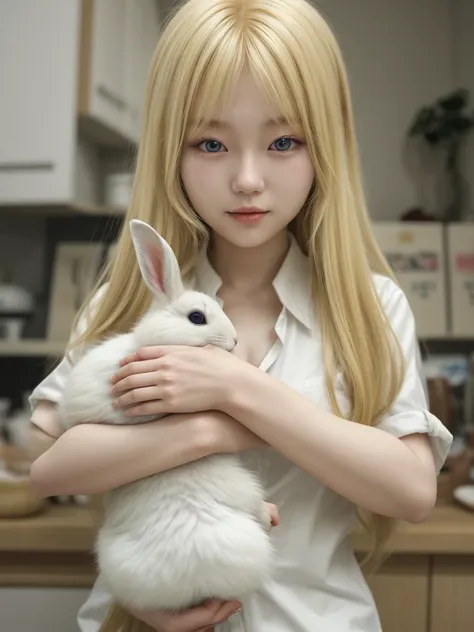 Korean blonde girl holding a rabbit 