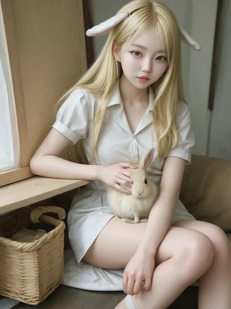 Korean blonde girl holding a rabbit 