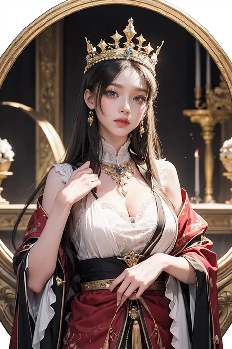 Beautiful female emperor, Clear skin, Beautiful appearance, There is deep wisdom in her eyes, It&#39;s as if she sees through the whole world, Wearing a luxurious white robe, Holding a long sword, Robes fluttering in the wind and silver hair blowing in the...