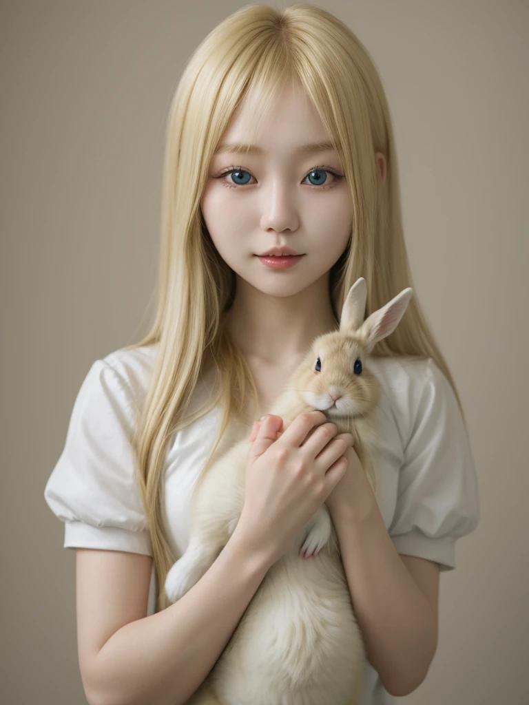 Korean blonde girl holding a rabbit 