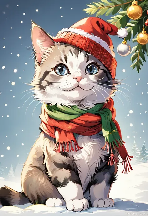 Christmas cat with scarf and hat，HD，White background，8K，超HD画质，Masterpiece，Natural texture，Elegant and clear lines，