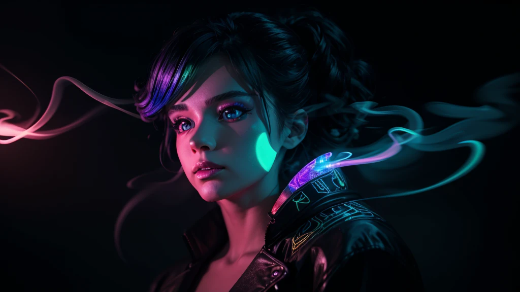 a beautiful woman thats glowing in the dark, walking in wonderland neon colors, high detail, long shot, wide shot, 4K, 3D, REALISTIC, (iridescent glow smoke), UHD, 32K, very bold neon colors, black light, neon light