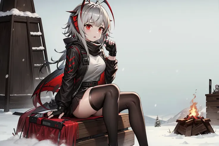 1girl, w_arknights, black clothes red parts, tall, teenager, sitting on steel boxes, snowy plains, campfire, snow