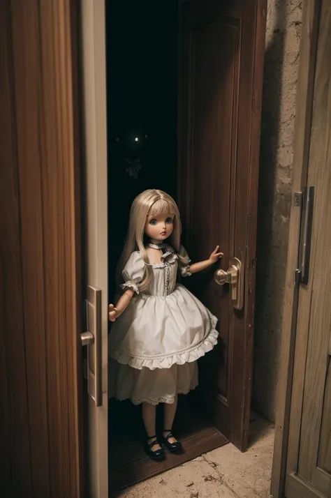 Friends try to escape, but the door locks itself. The doll begins to float and a dark aura surrounds it..)