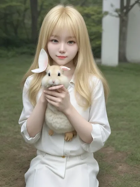 Korean blonde girl, without bangs, holding a rabbit selfie