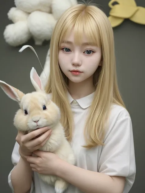 Korean blonde girl, without bangs, holding a rabbit selfie