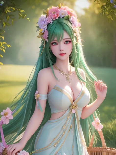 best quality, masterpiece, High target, There is a girl with a basket of flowers on her head, Big breast beauty，Very sexy，beautiful clothes, Hair Decorationss, necklace, Decorations, Pretty Face, When the body, Tyndall effect, Realistic Portraits, Edge lig...