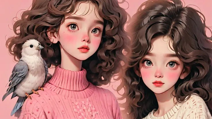 hd，masterpiece，hand-drawn style，illustration，cute girl，long curly hair，loose sweater，pencil drawing，birdie