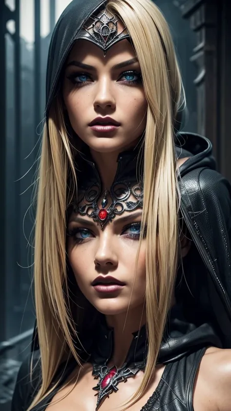 a dark hooded female spider woman, extremely detailed eyes, blonde hair, beautiful detailed lips, cinematic composition, dramati...