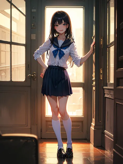 1girl, Standing upright in a classroom in a dark atmosphere at night, (schoolgirl uniform), long black hair, pleated skirt, spooky smile,spooky light, ((wide shot)), (looking at viewer), 18 years old, ((from front shot))