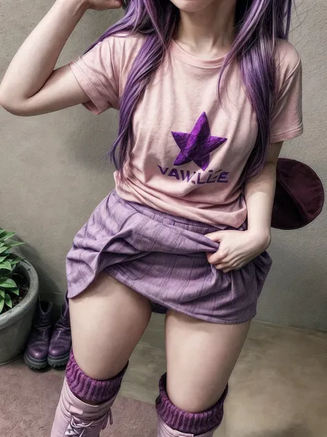 Valle stardew, girl with purple hair, pink t-shirt, Red skirt, purple boots