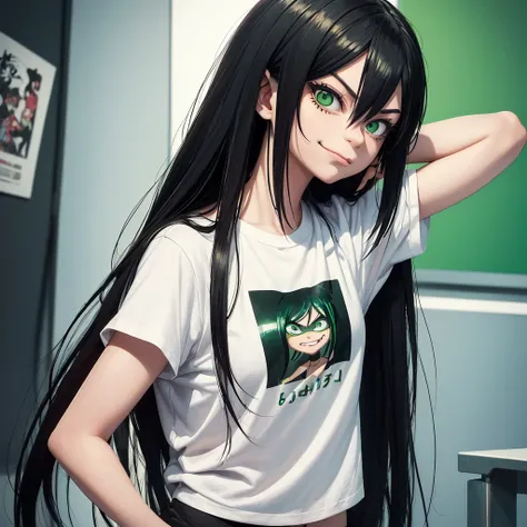 girl similar to gorillaz noodle, long black and green gradient straight hair ((drawing)), ((anime girl nose)), white t-shirt, resting her chin on her hand (pose for photo) tattoos on her arms, showing her tongue, art cyberpunk, sarcastic look, nervous teen...