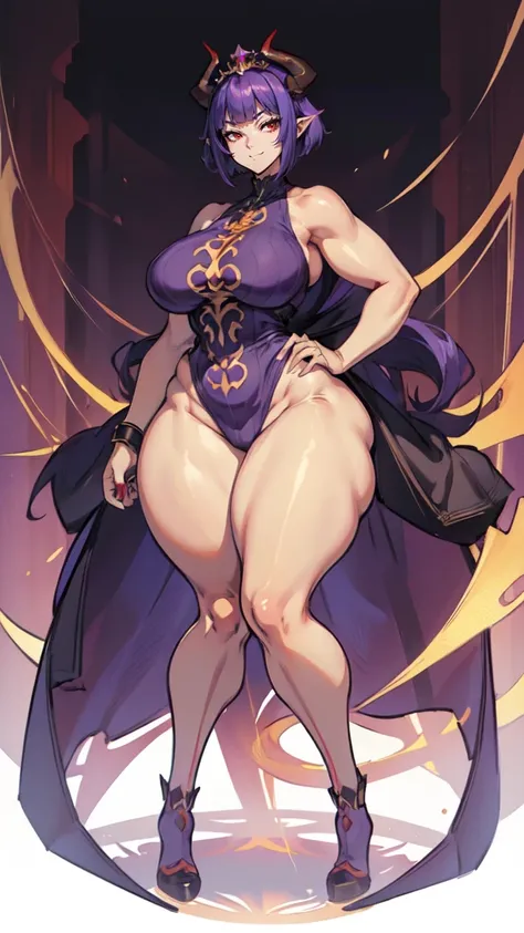 (masterpiece), best quality, expressive eyes, perfect face, demon girl, ((long legs:1.7)), (tall girl), (female muscular:1.2), (big horns), (curvy:1.6), tiara, short hair, evil smile, ((blank background)), (full body framing), (thick thighs:1.6), amazon bo...