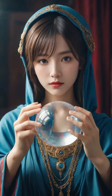 Female fortune teller. Body and face orientation: frontal. Charming, beautiful and mysterious. She wears a blue cloak and has a clear face. The atmosphere is bright and glittering, full of anxiety and anticipation. The fortune teller is standing. He holds ...