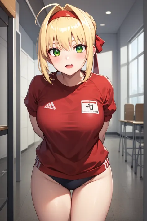 1girl,fgonero, nero, ahoge, blonde hair, (green eyes:1.5), hair between eyes, hair intakes, 
BREAK braid, buruma, french braid, gym shirt, gym uniform, hair bun, headband, official alternate costume, red buruma, red headband, single hair bun,
BREAK looking...