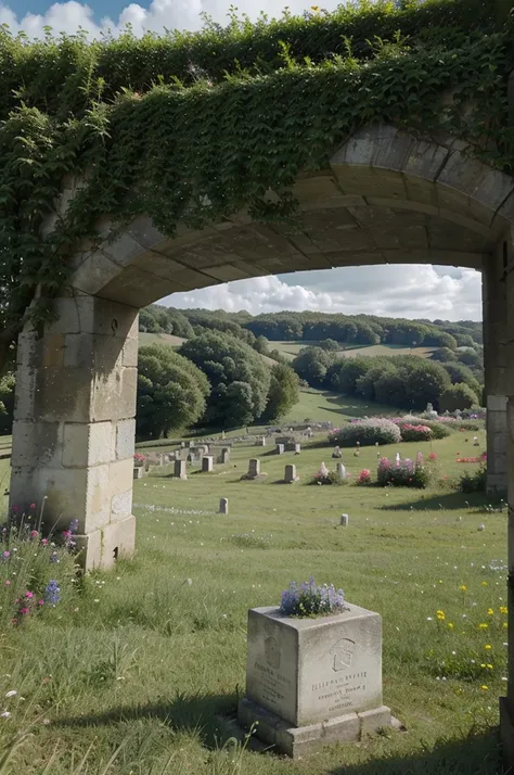 Tombe avec fleurs autour dans un paysage avec des collines et des nuages sombre