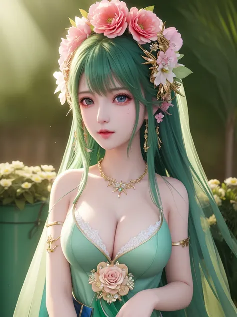 best quality, masterpiece, High target, There is a girl with a basket of flowers on her head, Big breast beauty，Very sexy，beautiful clothes, Hair Decorationss, necklace, Decorations, Pretty Face, When the body, Tyndall effect, Realistic Portraits, Edge lig...