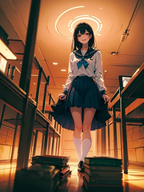 1girl, Standing upright in a classroom in a dark atmosphere at night, (schoolgirl uniform), long black hair, pleated skirt, spooky smile,spooky light, ((wide shot)), (looking at viewer), 18 years old, ((from front shot))